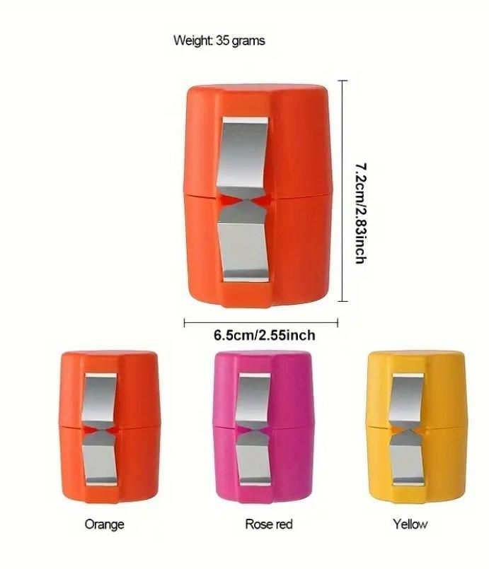 Colorful egg topper cutter tool in orange, rose red, and yellow with stainless steel cutting blades and compact design