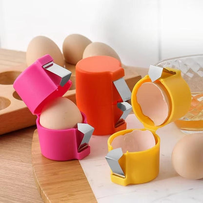 Colorful egg topper cutter tool set in pink orange and yellow cutting egg shells cleanly