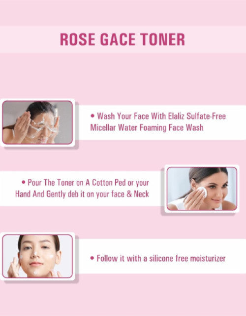Dropdash organic rose toner for face in a pink themed layout with usage instructions and benefits