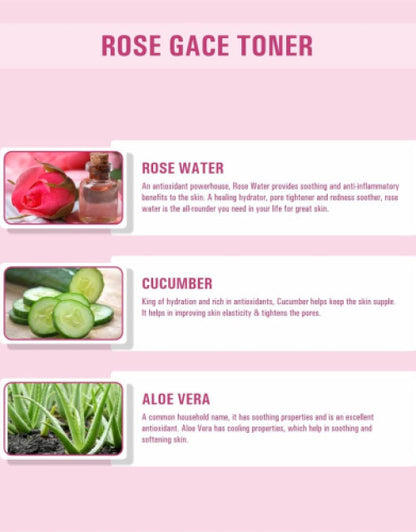 Organic rose toner for face featuring rose water, cucumber, and aloe vera for hydration and soothing effects