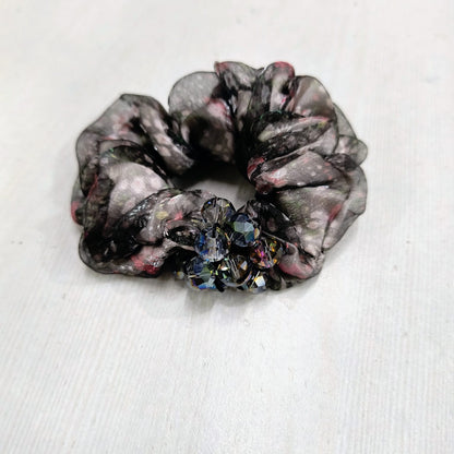 Black floral chiffon elastic hair tie for women with decorative beads