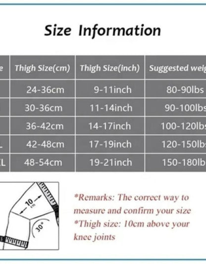 Size information chart for elastic sports kneepad with thigh measurements and suggested weight guidelines