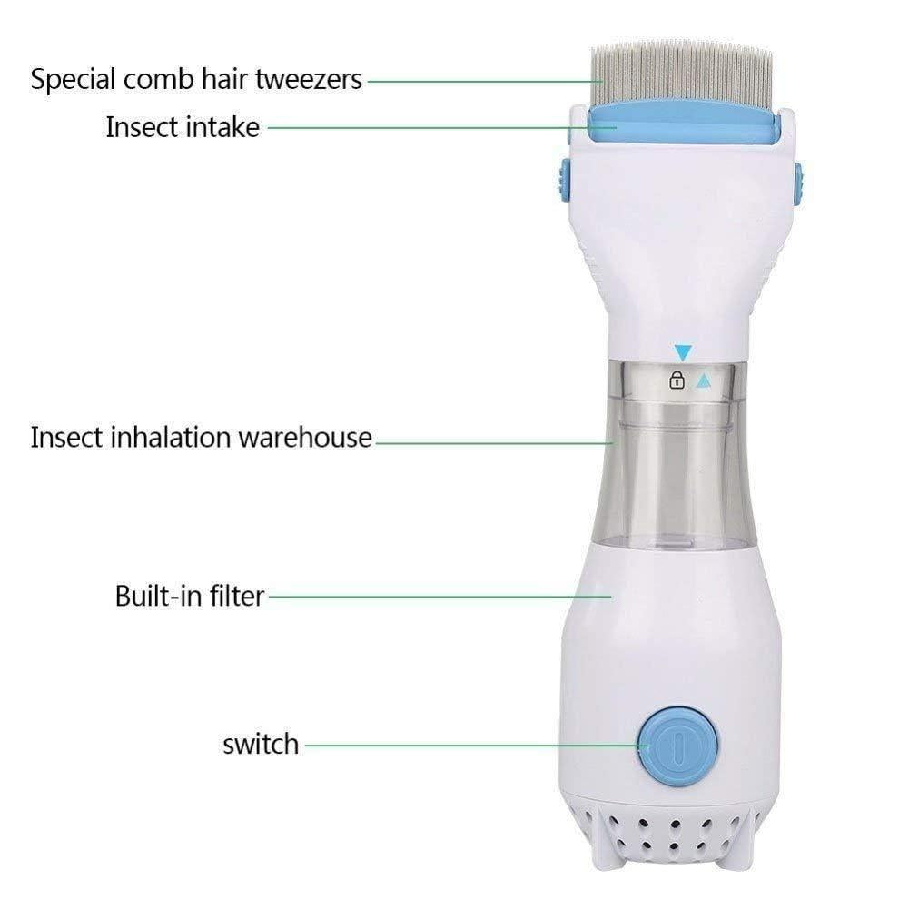 Electric head lice removal device featuring special comb hair tweezers and built-in filter