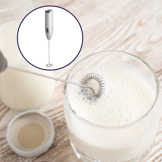 Your Brand electric milk frother for coffee with stainless steel whisk creating frothy milk in a glass
