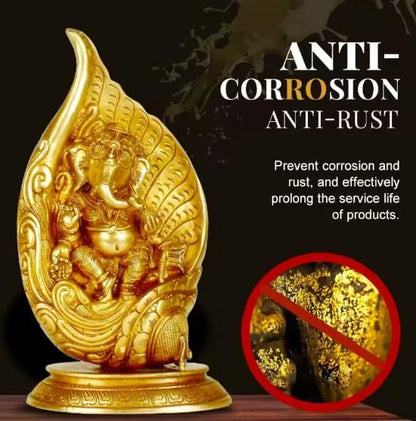Gold ornamental statue with anti corrosion label showing rust prevention using water-based glitter bronzing paint