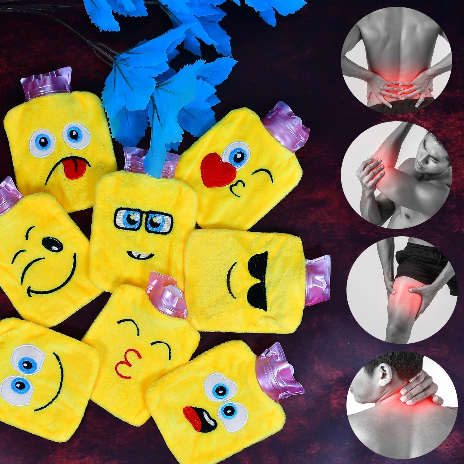 Emoji mini hot water bag set with various playful designs for warmth and comfort