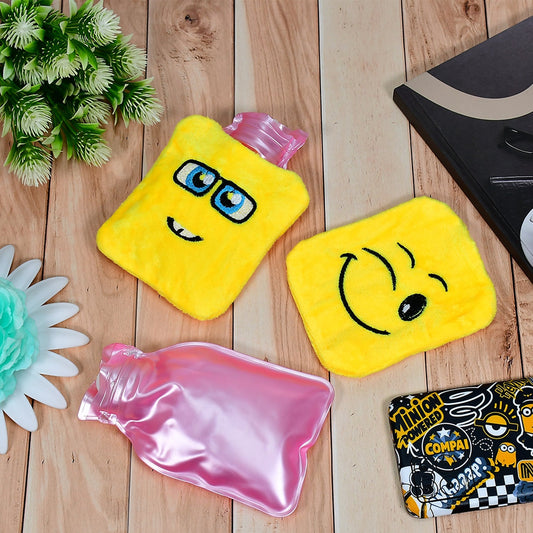 Emoji mini hot water bag in yellow with fun designs, perfect for soothing warmth and comfort