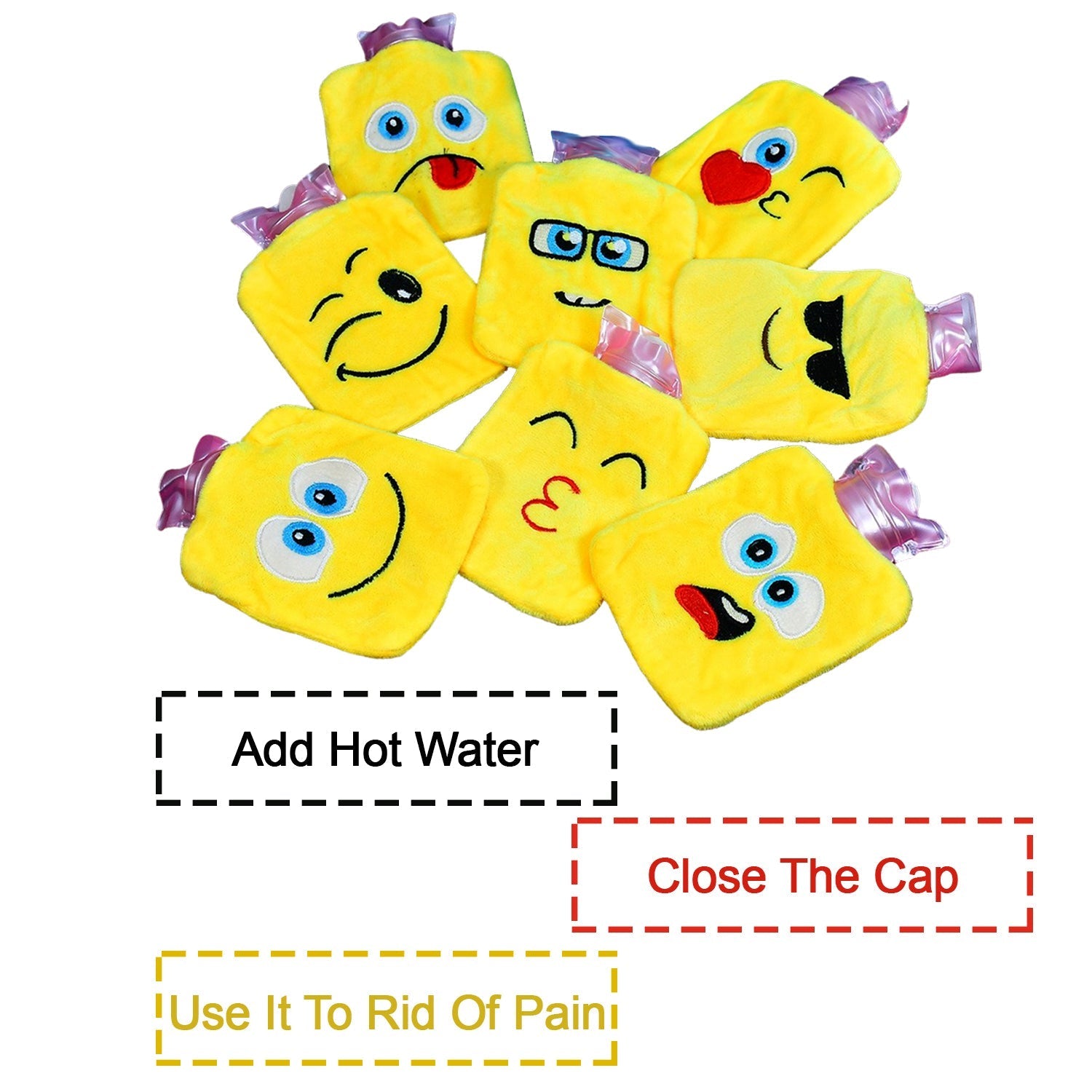 Emoji mini hot water bag in bright yellow fabric with various playful emoji designs for pain relief