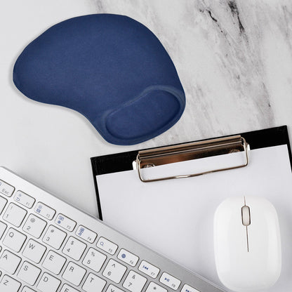 Ergonomic wrist mouse pad in blue for comfortable computer use, paired with a keyboard and clipboard.