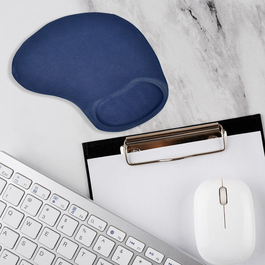 Ergonomic wrist mouse pad in blue for comfortable computer use, paired with a keyboard and clipboard.