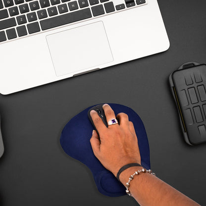 Ergonomic wrist mouse pad in navy, designed for comfort during long computer use