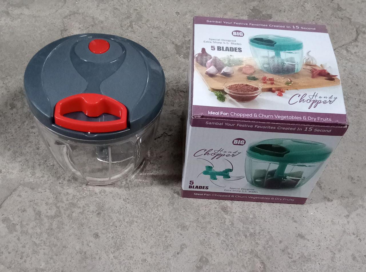 Manual stainless steel vegetable chopper with a five-blade design and easy-grip handle for efficient chopping