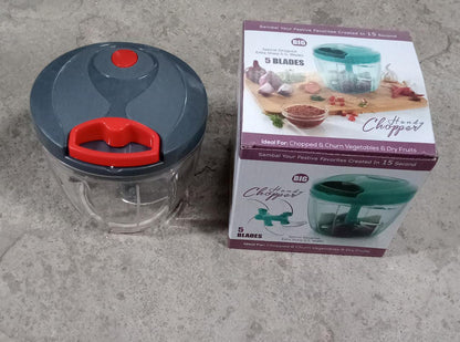 Manual stainless steel vegetable chopper with a five-blade design and easy-grip handle for efficient chopping