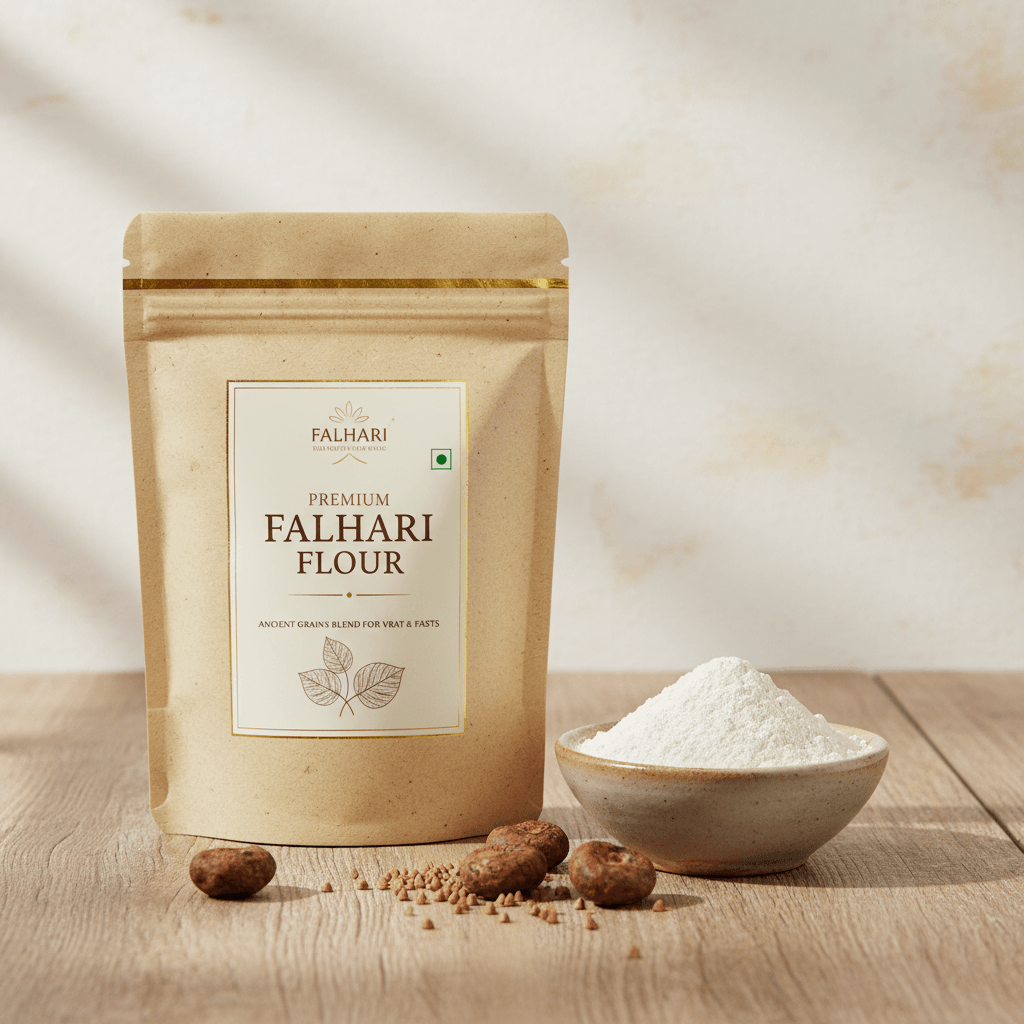 Premium Falhari Flour by The Gir Farmer in a brown pouch with a bowl of flour and stone fruits