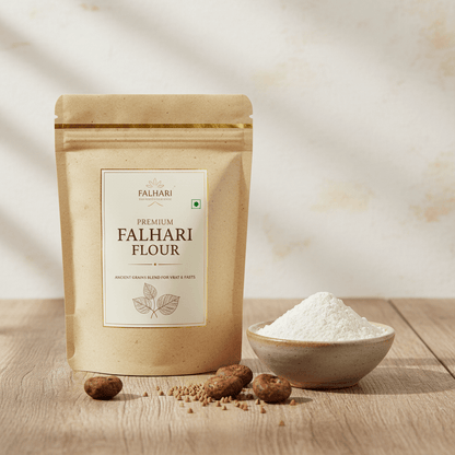 Premium Falhari Flour by The Gir Farmer in a brown pouch with a bowl of flour and stone fruits