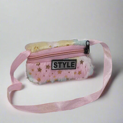 Fashionable fur shoulder bag for girls in pastel colors with star patterns and pink strap
