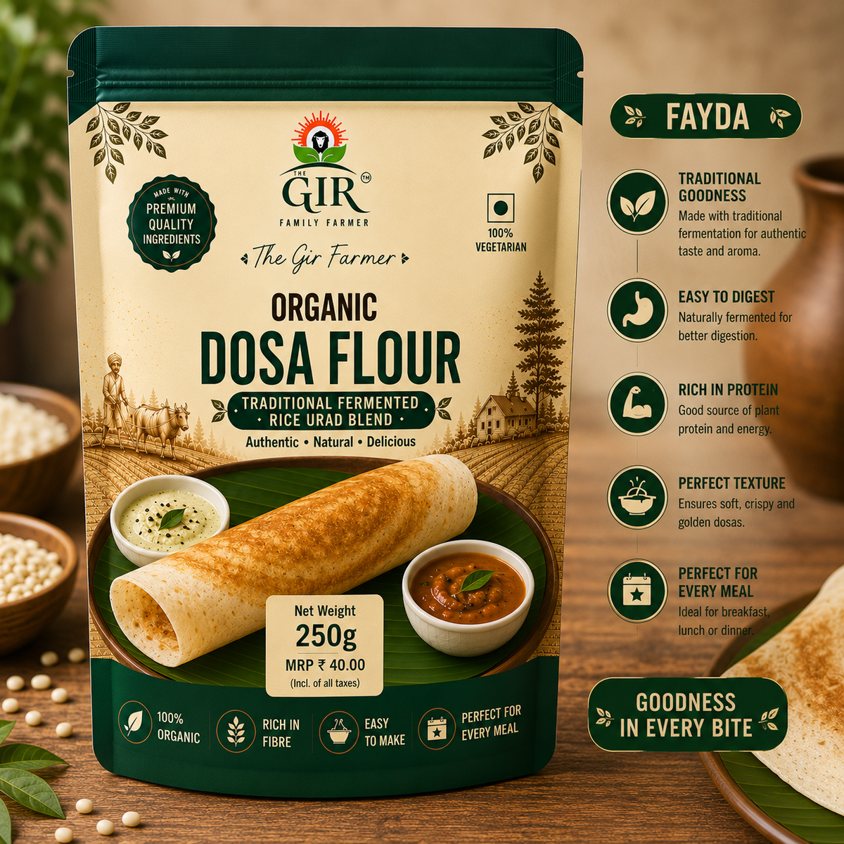 Organic Dosa Flour Traditional Fermented Rice Urad Blend | The Gir Farmer