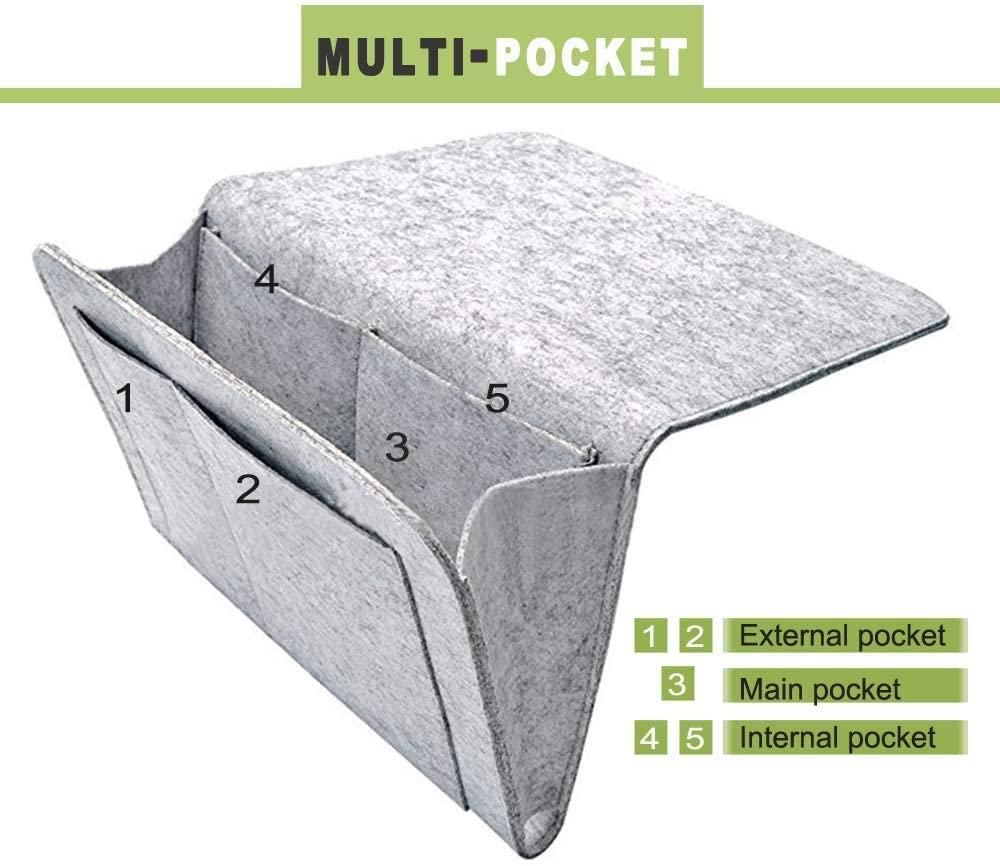Gray felt bedside pocket for essentials with multiple compartments including external main and internal pockets
