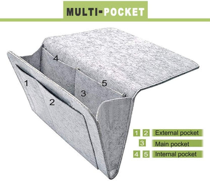 Gray felt bedside pocket for essentials with multiple compartments including external main and internal pockets