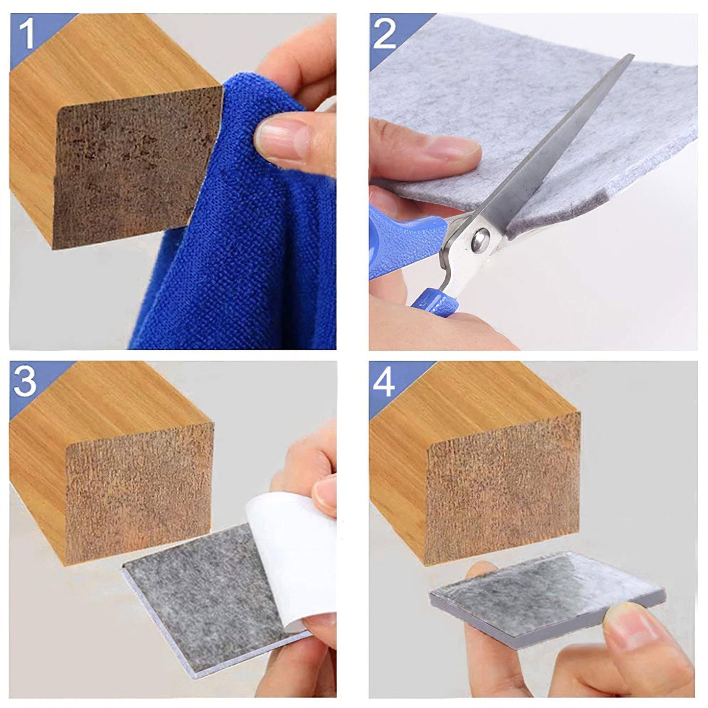 Instructions for applying felt furniture floor protector pads on wooden furniture edges