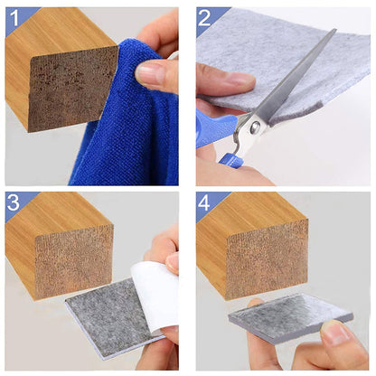 Instructions for applying felt furniture floor protector pads on wooden furniture edges