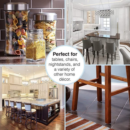 Felt furniture floor protector pads in use under various furniture pieces to prevent scratches and damage
