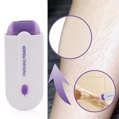 Painless facial hair remover white and purple electric device with close-up of smooth skin after use