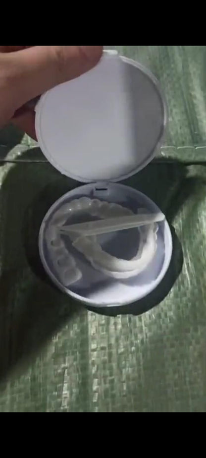 Flex cosmetic teeth veneers in a storage case for easy and convenient dental enhancement