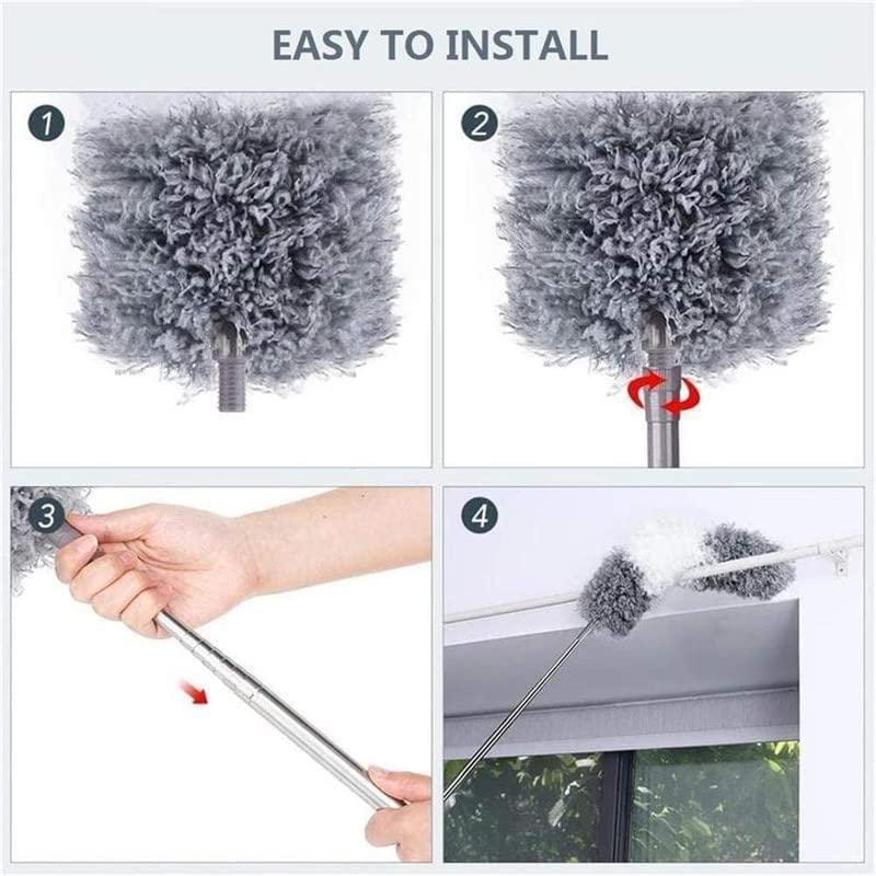 Step-by-step installation guide for THE GIR FARMER flexible mop duster with extendable handle and gray microfiber head