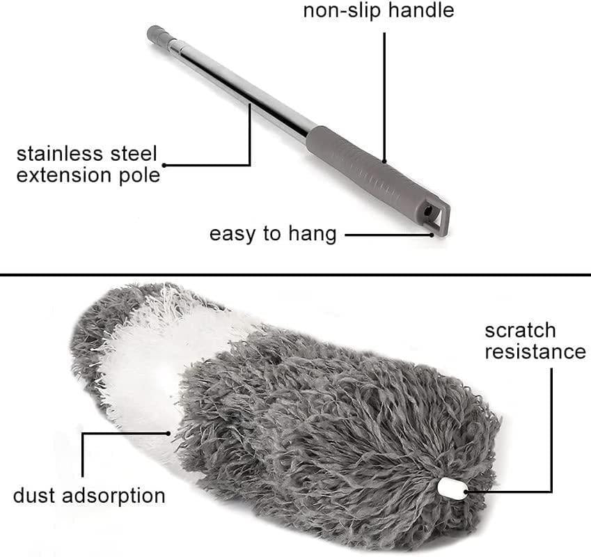 Flexible mop duster with stainless steel extension pole, non-slip handle, and dust adsorption microfiber head