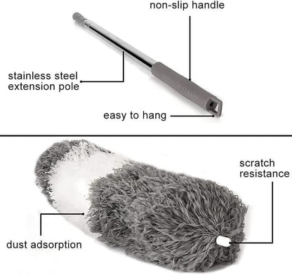 Flexible mop duster with stainless steel extension pole, non-slip handle, and dust adsorption microfiber head