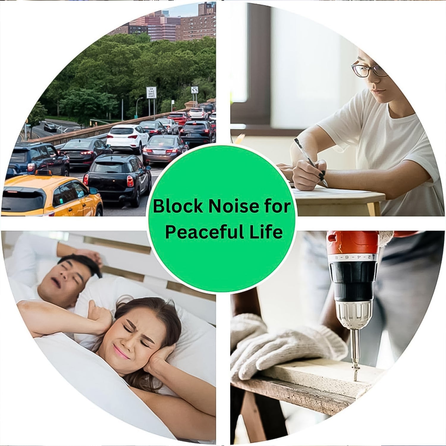 Your Brand Foam Earplugs for Noise Reduction in four lifestyle scenarios blocking noise for a peaceful life