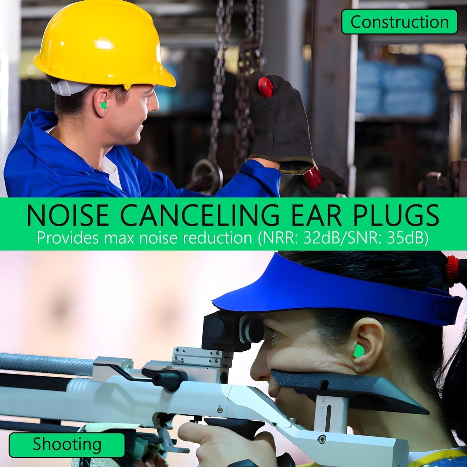 Construction workers using foam earplugs for noise reduction while shooting, ensuring effective sound protection