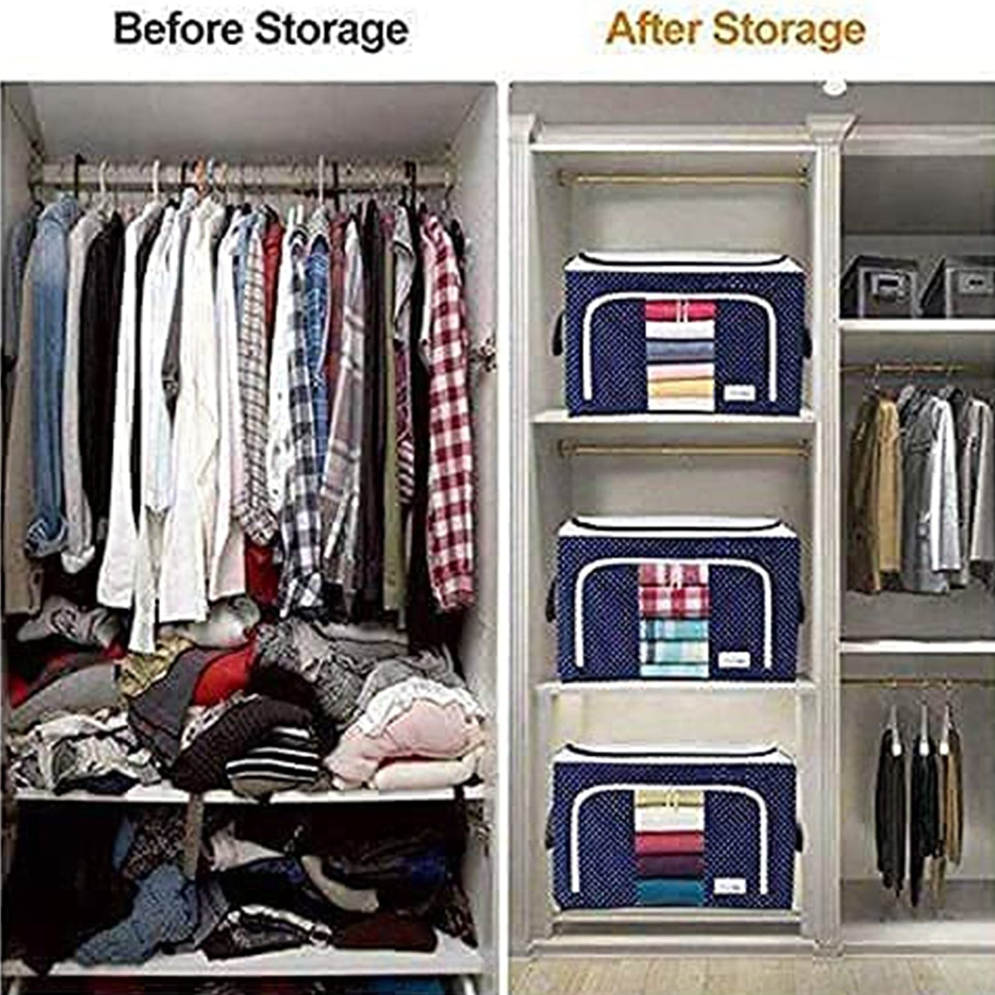 Before and after image showcasing a foldable steel frame storage bag for organizing clothes and maximizing space