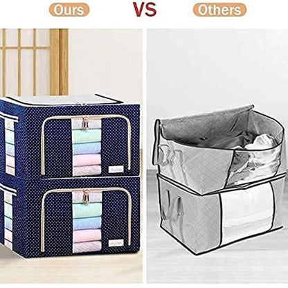 Foldable steel frame storage bag displayed alongside a competitor's bag for comparison