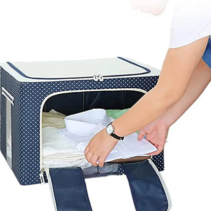 Foldable steel frame storage bag with a sturdy design, ideal for organizing clothes and linens