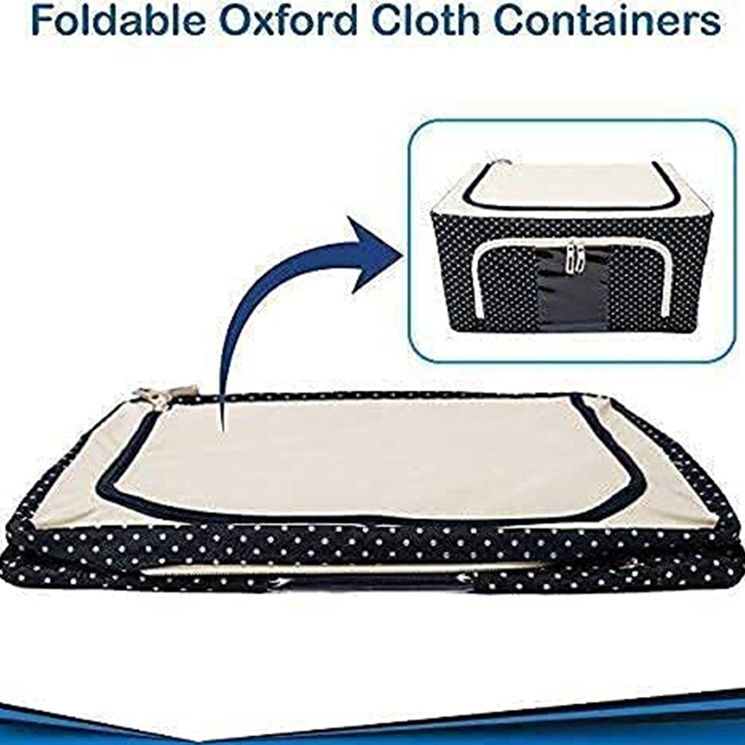 Foldable steel frame storage bag in beige and navy with zippered closure for easy organization