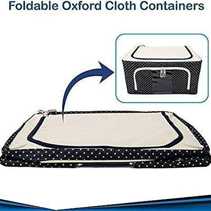 Foldable steel frame storage bag in beige and navy with zippered closure for easy organization