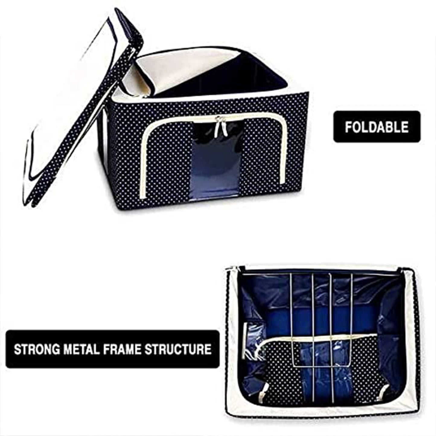 Foldable steel frame storage bag in navy with polka dots, featuring a strong metal frame structure