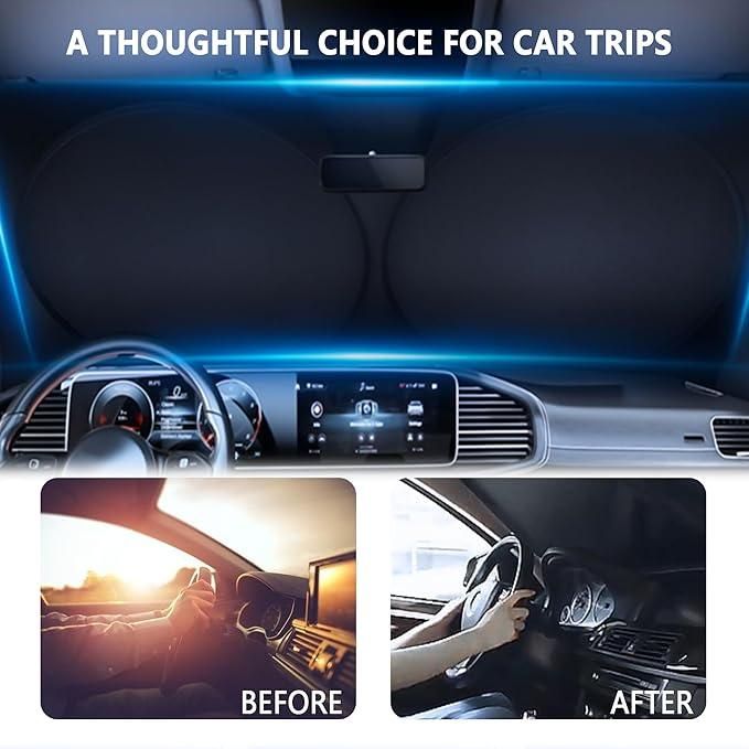 Folding car window sunshade showing before and after effects for temperature control