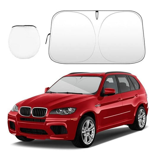 Folding car window sunshade for effective heat protection in red SUV car