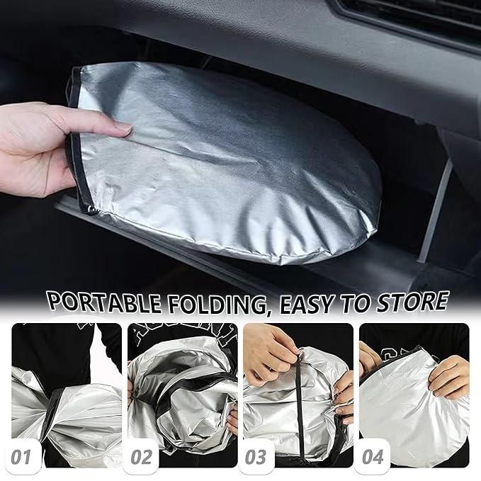 Portable folding car window sunshade for easy storage in your vehicle's glove compartment