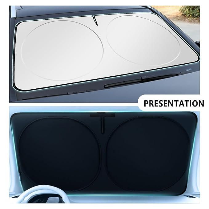 Folding car window sunshade with dual reflective panels for effective heat and UV protection