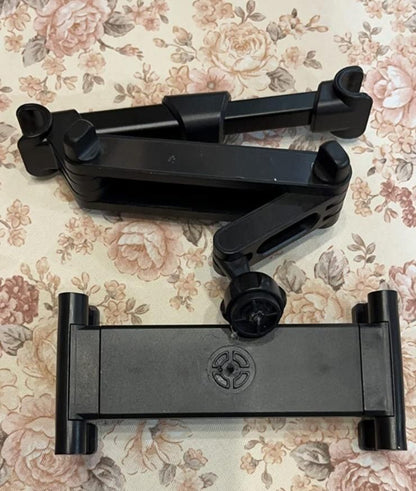 Black adjustable folding car mount holder for tablets and phones with extendable arms and rotating clamp