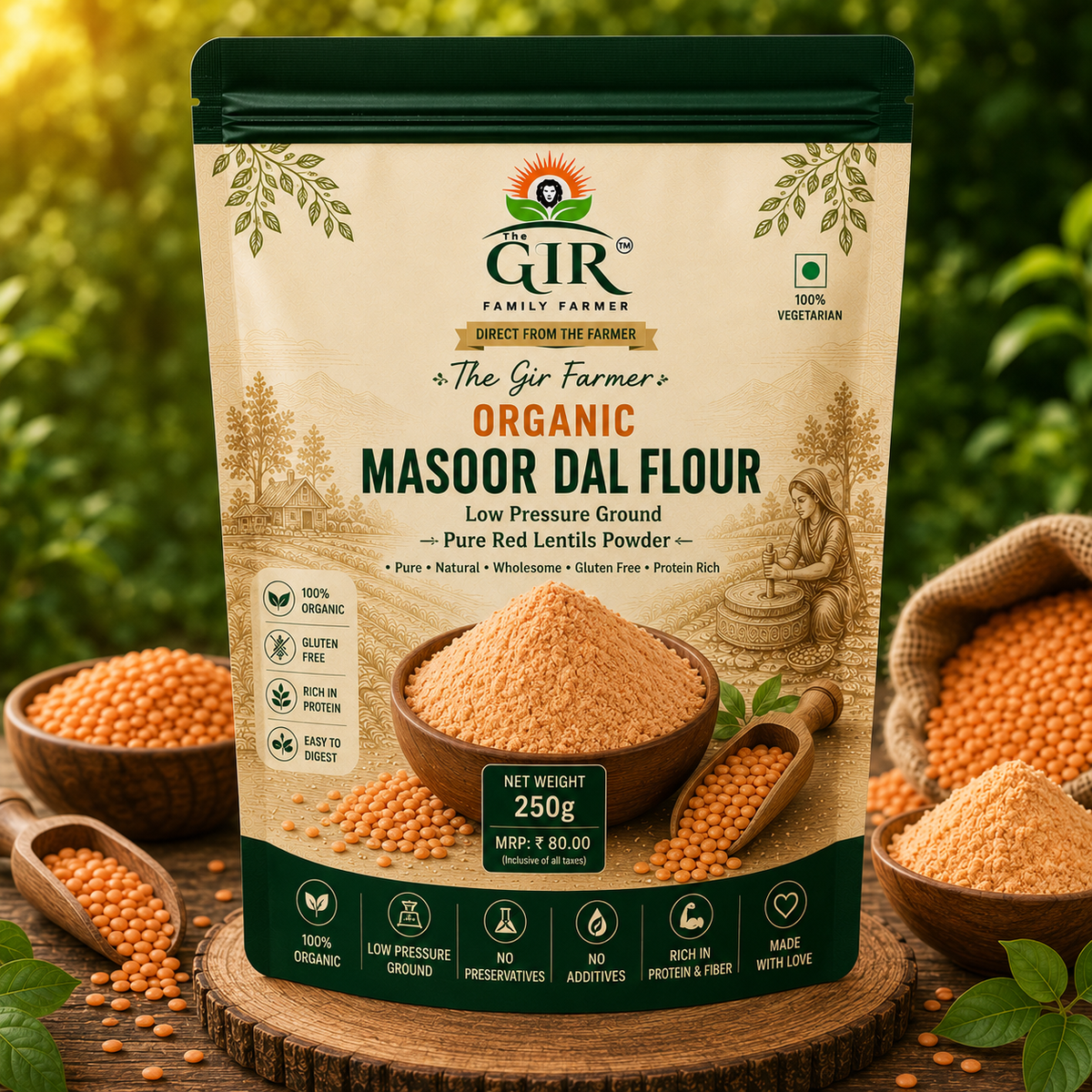 Organic Masoor Dal Flour | Low Pressure Ground Pure Red Lentils Powder