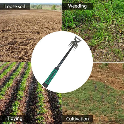 Multi function shovel for home gardens by THE GIR FARMER shown with loose soil, weeding, tidying, and cultivation tasks