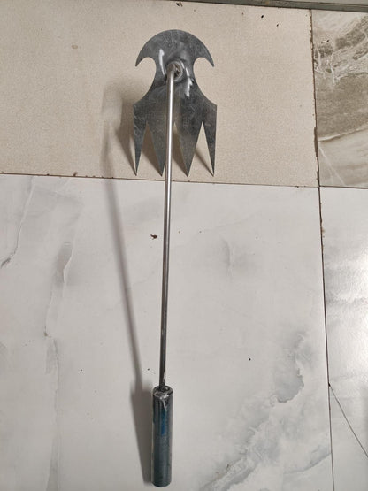 Stainless steel garden puller for weeds with a long handle and sharp pronged blade for easy weed removal