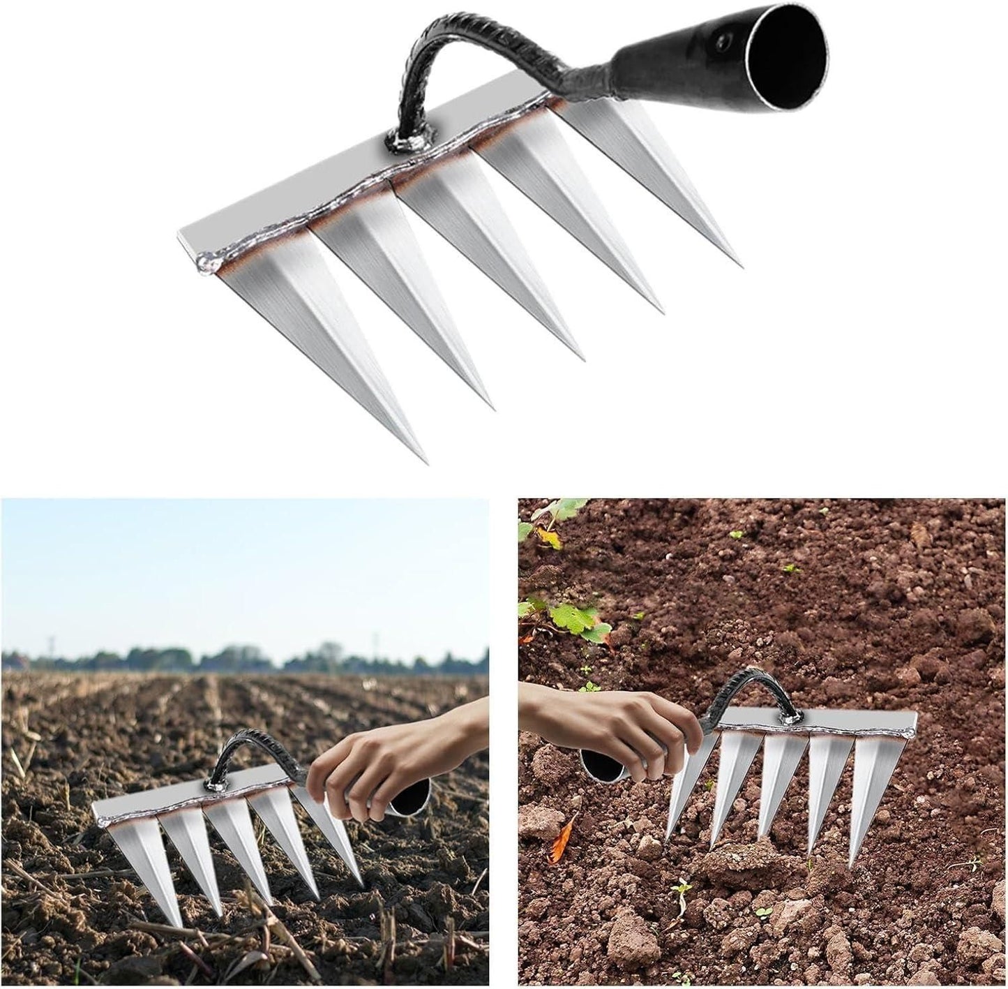 The Gir Farmer stainless steel hand rake garden weed remover with five sharp tines for loosening soil