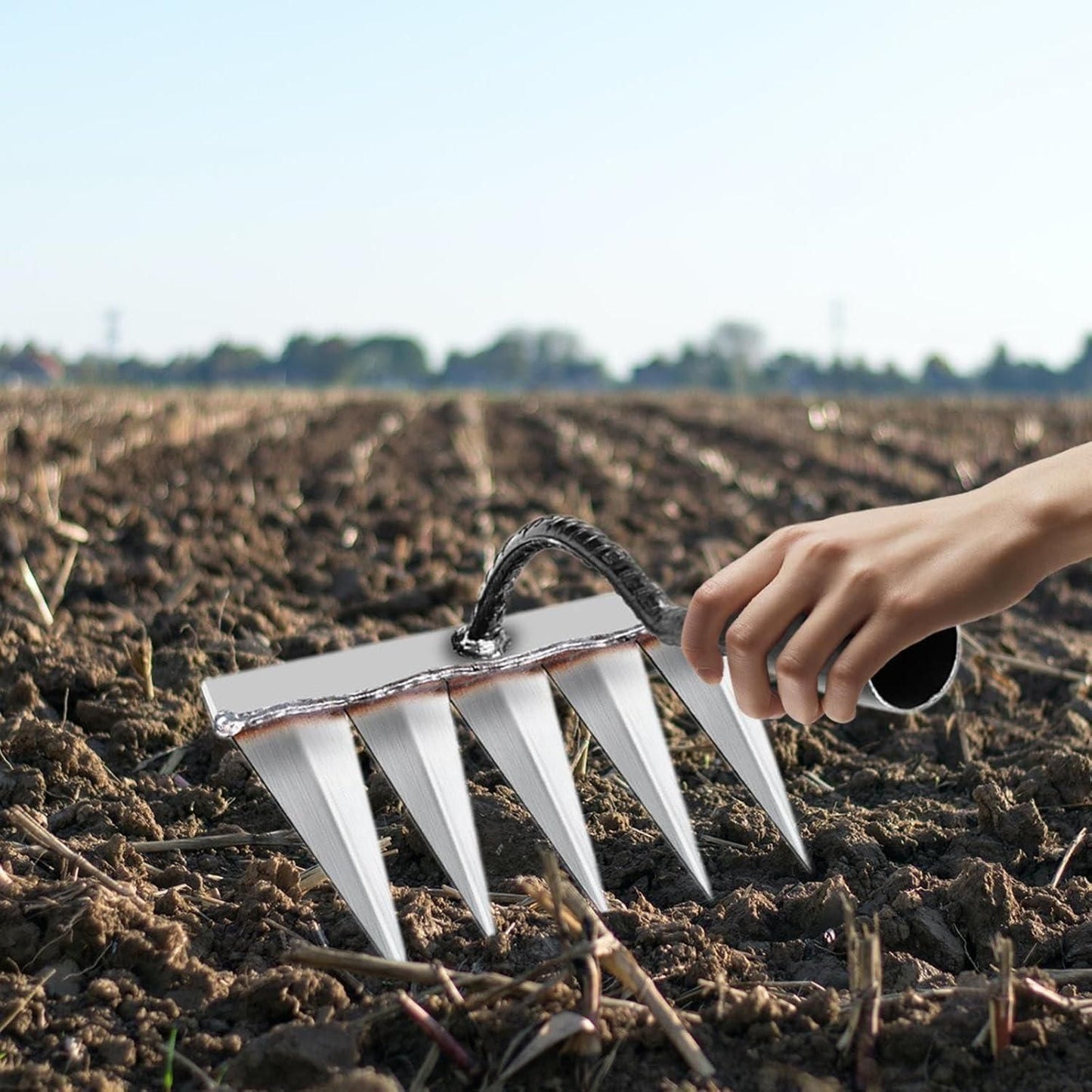Handheld stainless steel garden weed remover with five sharp tines digging in cultivated soil