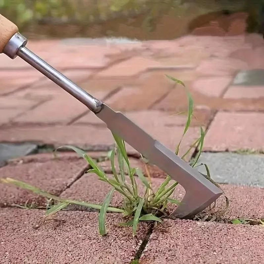 The Gir Farmer handheld weeding tool for gardens removing grass from patio paver joints with wooden handle